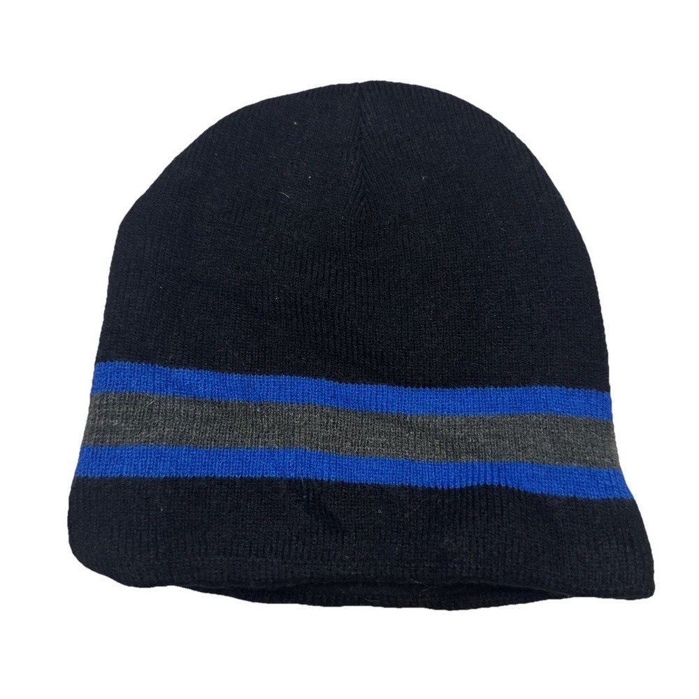 Boys Black Blue Grey Striped Fleece‎ Lined Knit Beanie Hat One Size